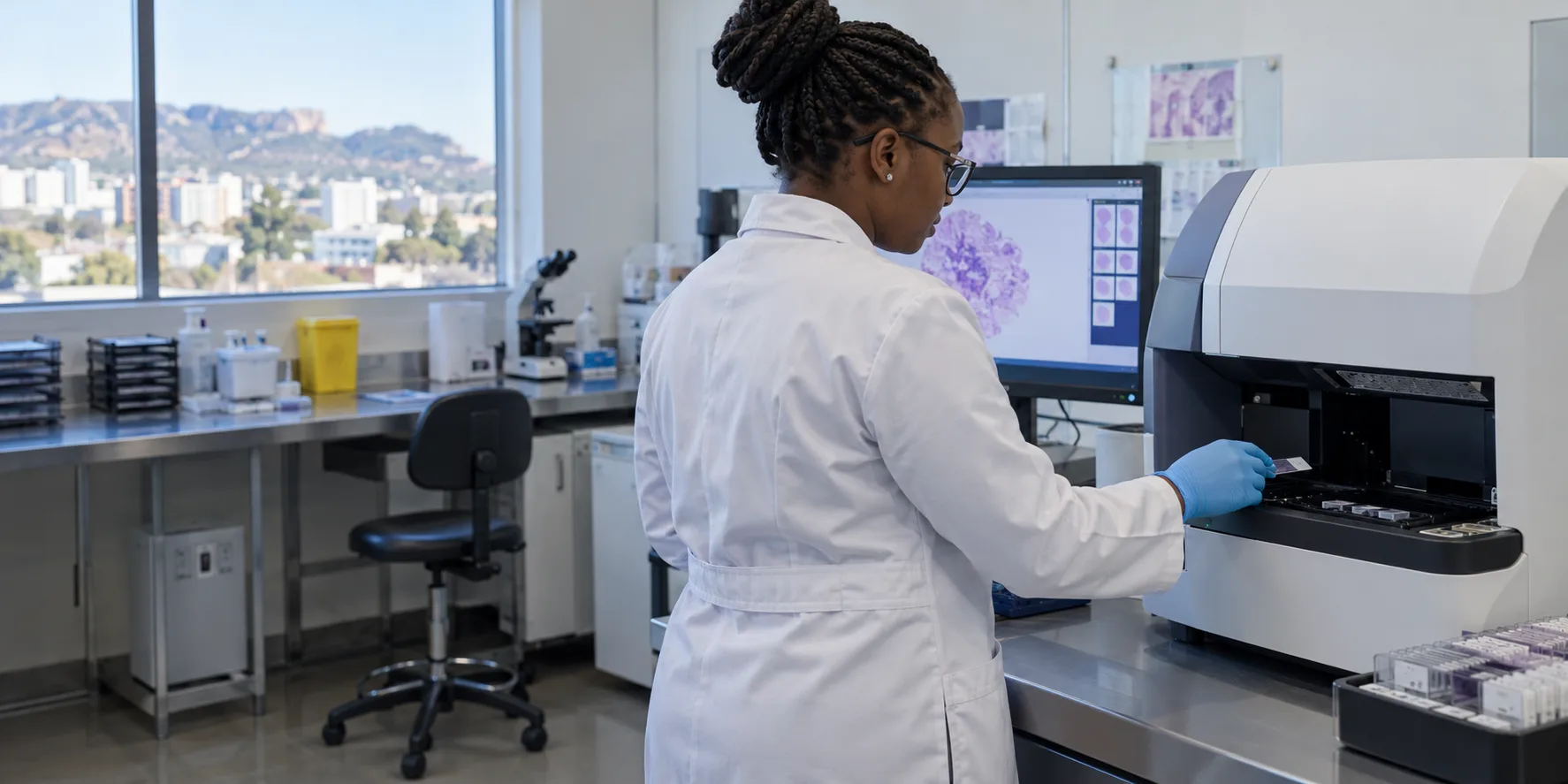 Laboratory scientist using a digital pathology slide scanner