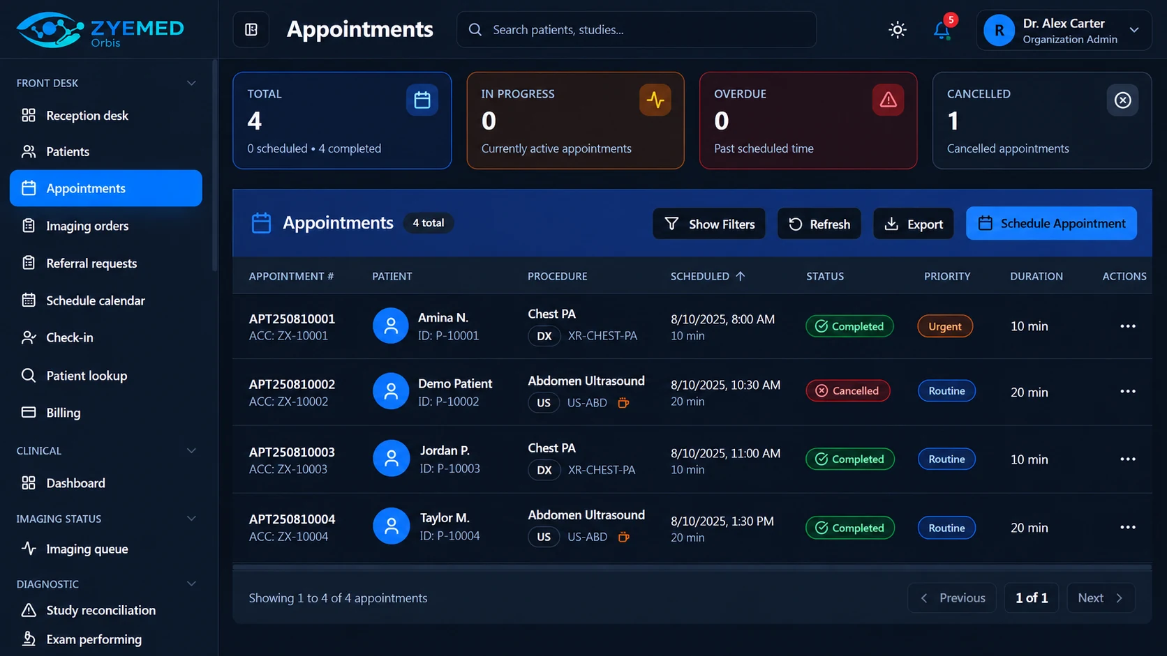 Zyemed Orbis appointments dashboard with fictional demonstration records